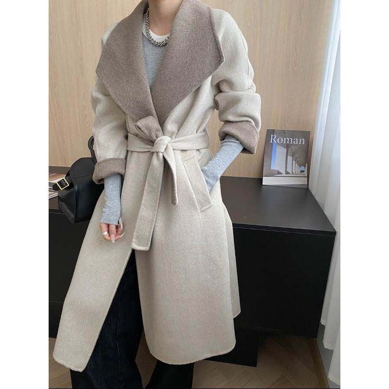 韩版高级新款 韩版休闲潮 拼色设计师款 高级感阔版大翻领呢羊毛