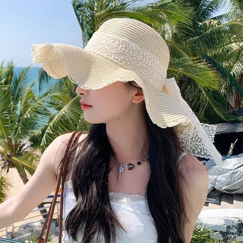 蕾丝蝴蝶结帽檐草帽新款夏季韩版防晒遮阳帽沙滩太阳帽甜美渔夫帽