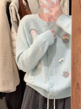 冰淇淋刺绣单排扣圆领开衫全羊毛针织单排扣毛衣外套甜美上衣