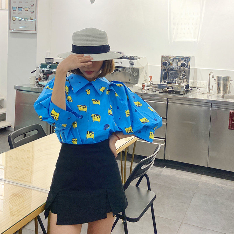 nalala夏季新品polo领蝙蝠泡泡袖中袖奶牛印花衬衣短款小衫娃娃衫