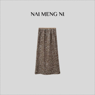 【肉肉】26N1570 法式精致重工亮片松紧高腰开叉半身裙