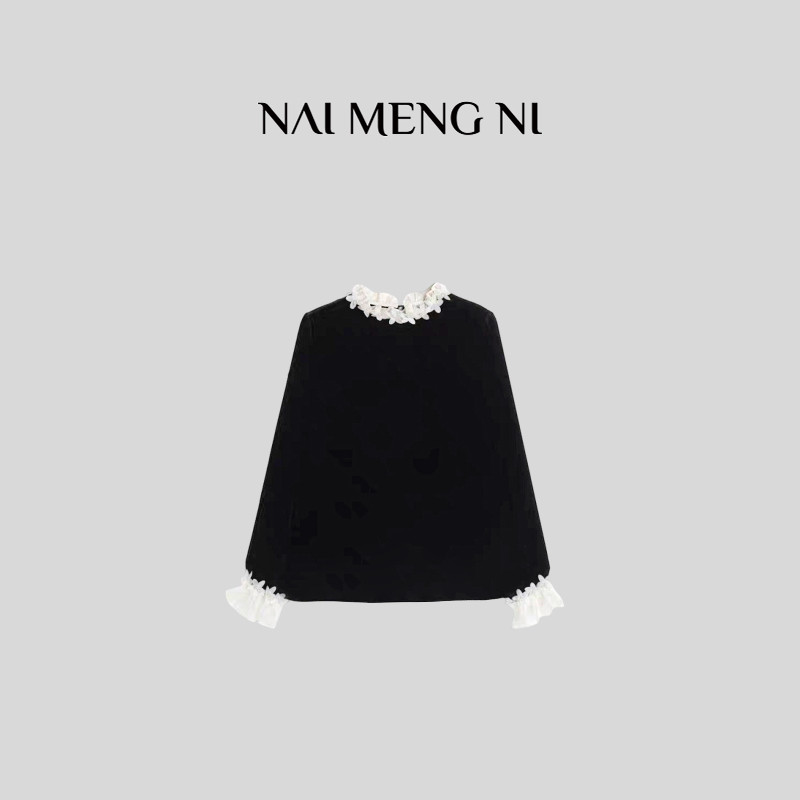 肉肉 26RR6903 (不串色) 圆领蕾丝花边拼接丝绒长袖上衣