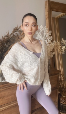 外贸马海毛米白色麻花开衫女春秋新款宽松慵懒风毛衣瑜伽外套上衣