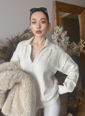 小众外贸复古菱格纹深v领polo针织衫休闲上衣北欧老钱风肌理质感