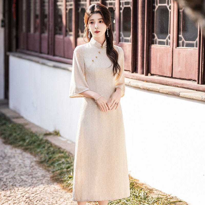 显瘦国风新中式苏州春季中袖旗袍改良年轻款女复古收腰连衣裙春夏