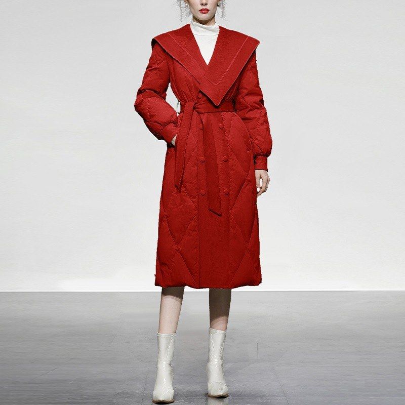 冬季女装新款宝蓝色收腰中长款白鸭绒羽绒服加厚翻领过膝外套