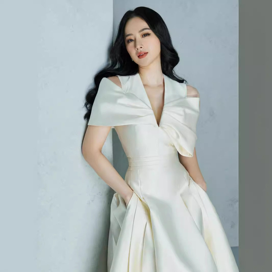 2026秋夏越南小众设计感V领立体大蝴蝶结大摆礼服裙连衣裙子1773