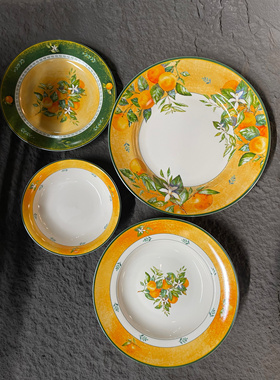 中古橙色系餐盘复古法式油画风牛排盘橙桔果子盘深盘米饭碗摆盘