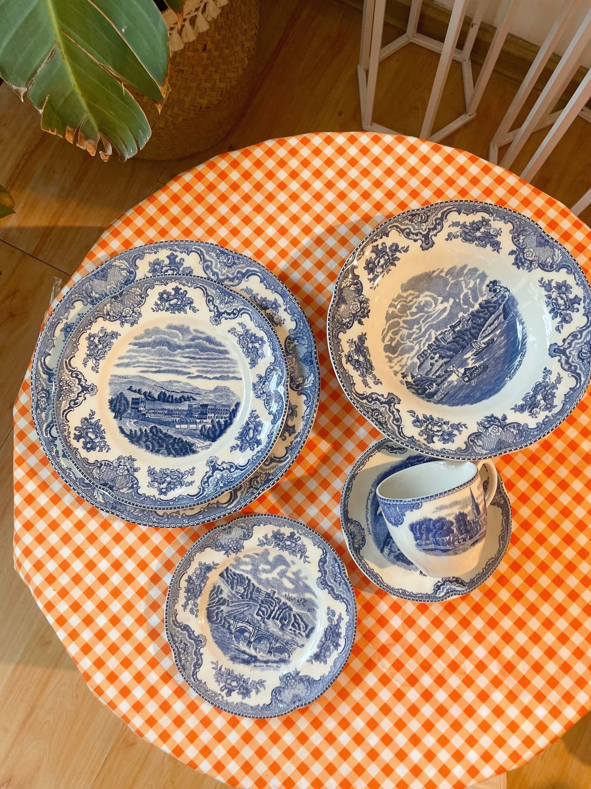 外贸尾单出口英国原单复古西式蓝城堡鱼盘碗牛排盘家用装饰摆件