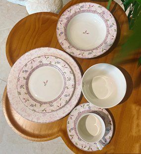 外贸出口釉下法式复古轻粉色花玫瑰深汤盘子意大利沙拉盘咖啡杯碟