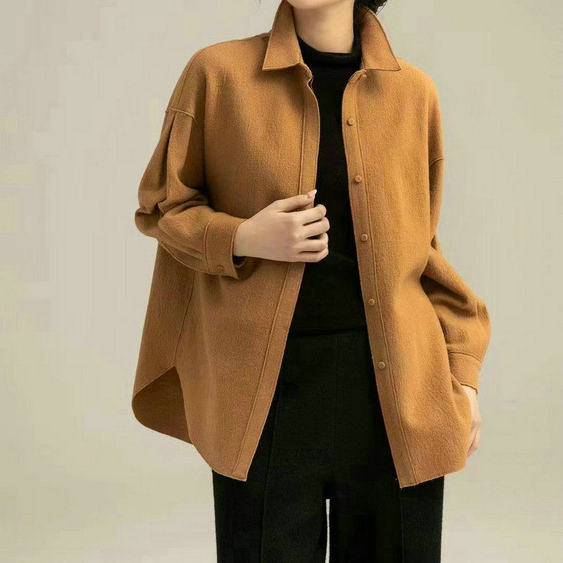 [100%羊毛]纯色双面羊毛大衣女2024新款衬衫式呢子大衣外套