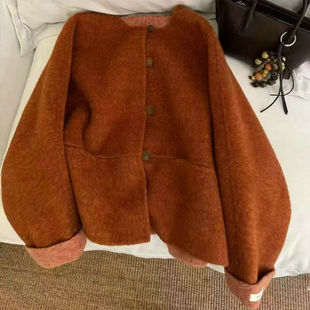 卡米兰2025秋圆领气质桔色羊驼绒大衣女高级感双面羊毛呢短款外套