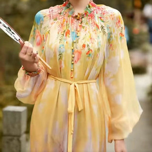 【100桑蚕丝】度假真丝连衣裙女2024春夏新款印花中长裙