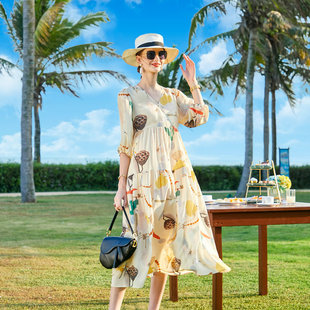 真丝连衣裙2023春夏新款桑蚕丝绣花中长裙宽松七分袖度假裙子女