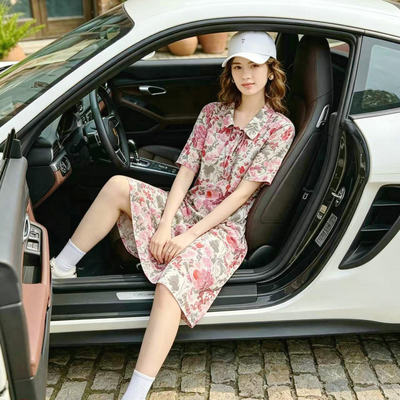 2026春夏季新款短袖印花连衣裙女宽松中长款海边度假衬衫裙