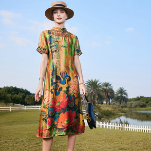 桑蚕丝拼镂空连衣裙2023年春夏季新款宽松中长款桑蚕丝印花A字裙