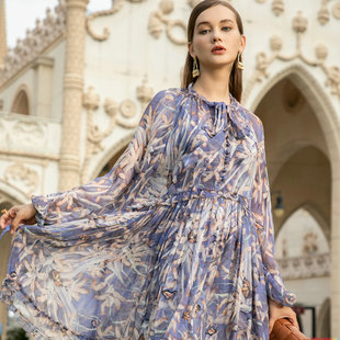 真丝连衣裙女2021春夏新款轻奢名媛中长裙桑蚕丝印花A字裙