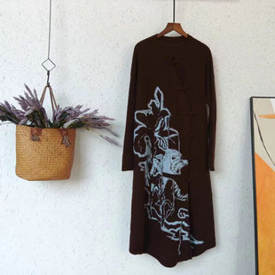 山羊绒绵羊毛新中式针织连衣裙女秋冬新款复古印花改良国风盘扣裙