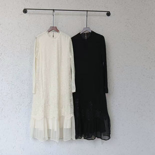 [羊毛]卡米兰绣花拼接羊毛连衣裙女2025秋新款宽松中长款小黑裙