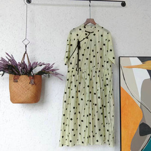 新中式复古连衣裙女2023夏季新款宽松中长款短袖植绒A字裙