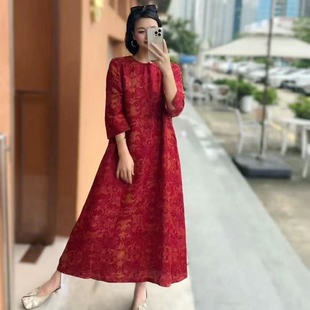 2025春秋新款宽松中长款圆领斜襟系带长袖气质女装真丝显瘦连衣裙