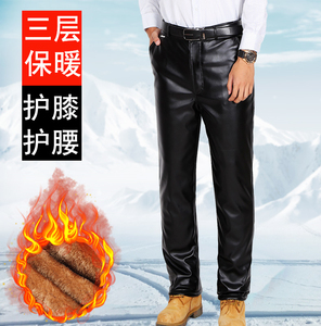 皮裤男士加绒加厚摩托车机车中老年冬季宽松防水休闲保暖大码皮裤