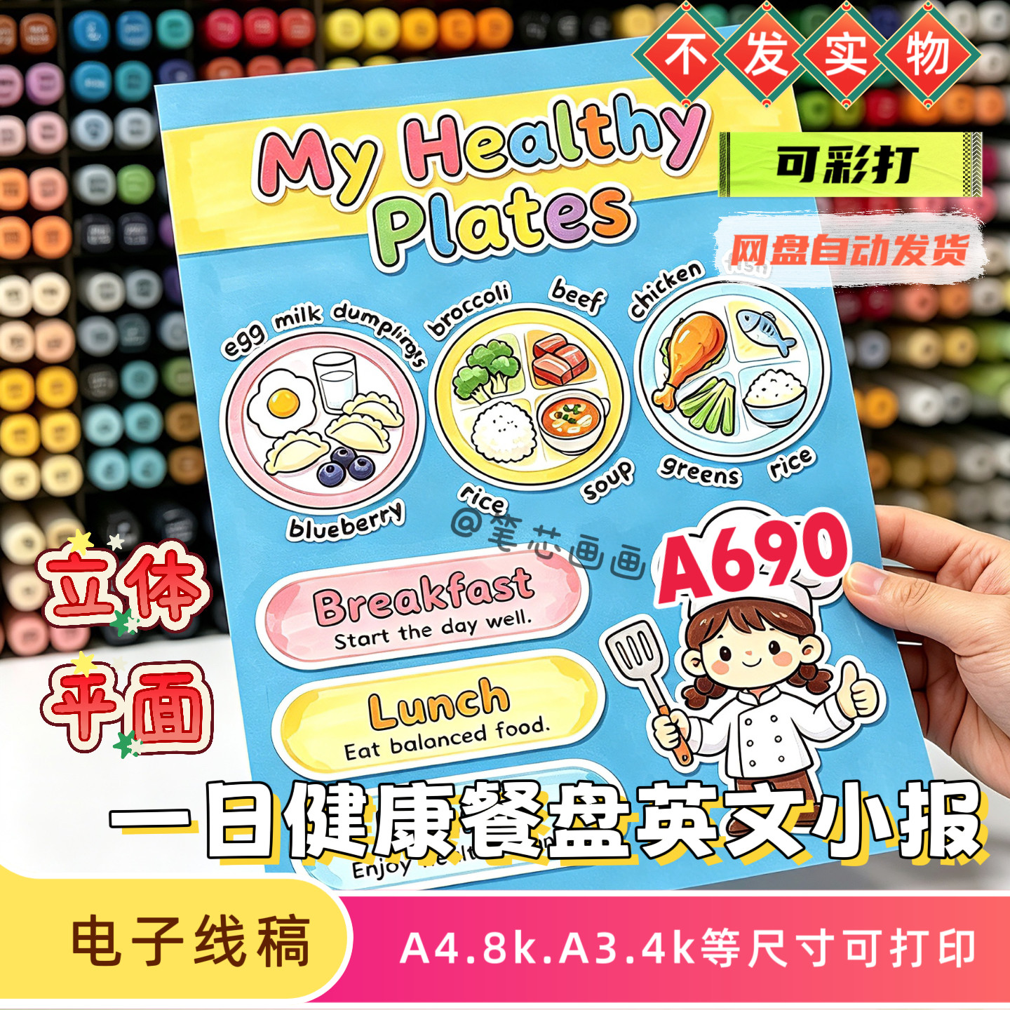 三下英语我的一日健康餐盘手抄报模板立体healthy plates小报线稿