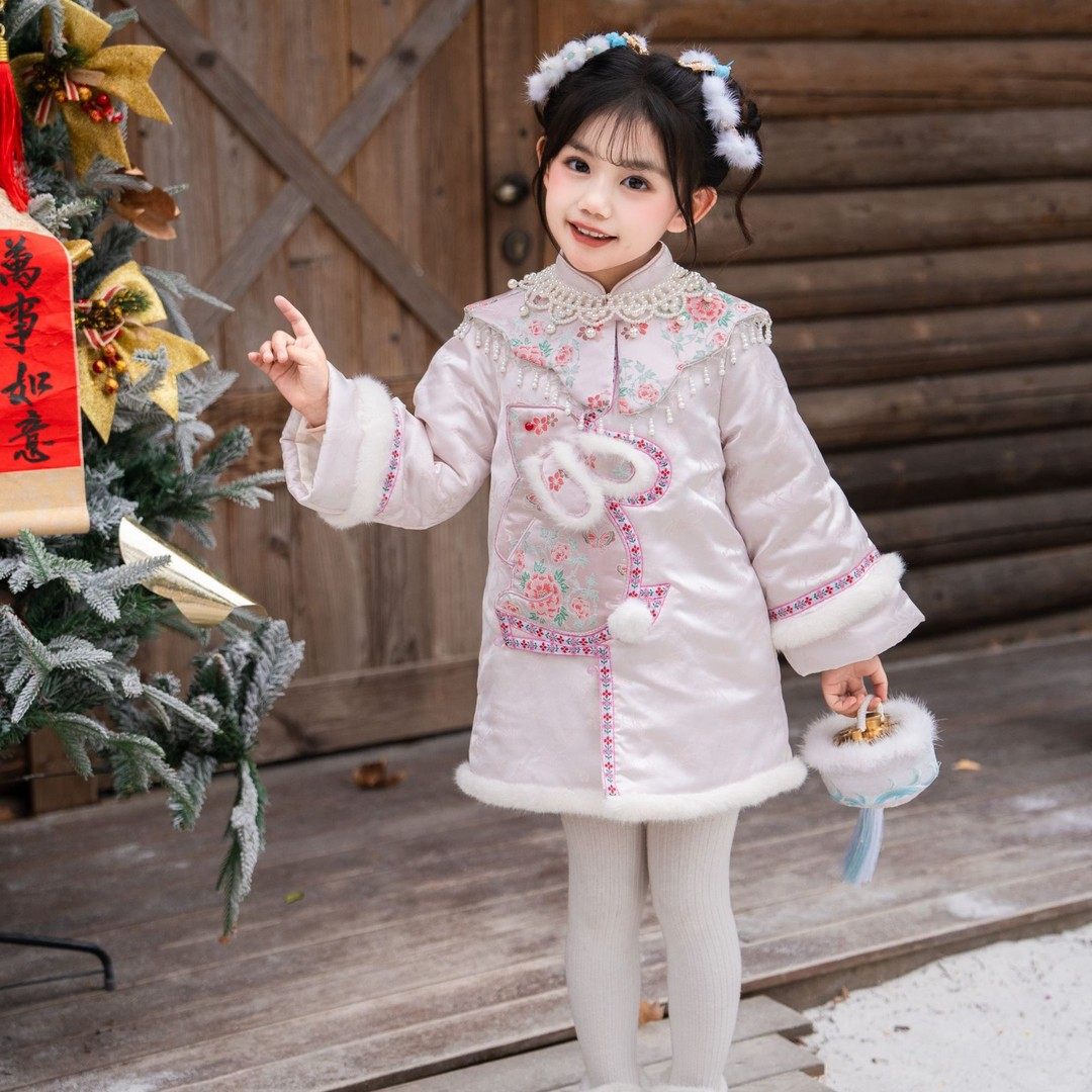 高端女童冬新汉服裙玉兔刺绣加厚拜年服儿童珍珠云肩千金风礼服裙