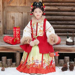 高端女童汉服套装拜年服冬季新款加厚加绒新年红国风马面裙三件套