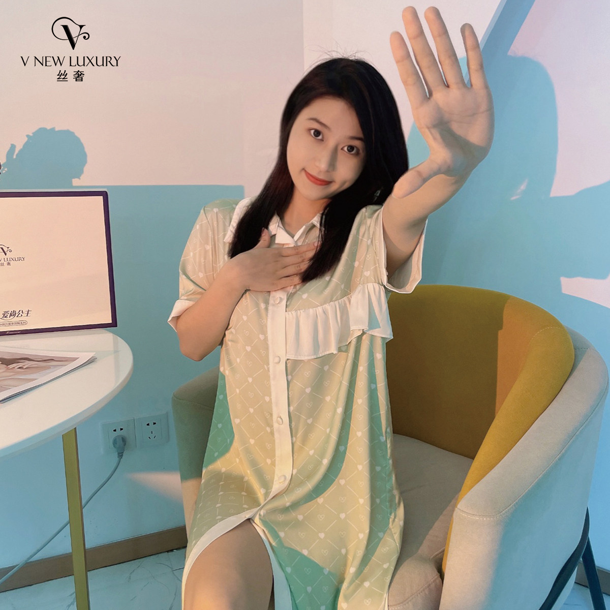 甜美公主风丝质衬衫裙家居服