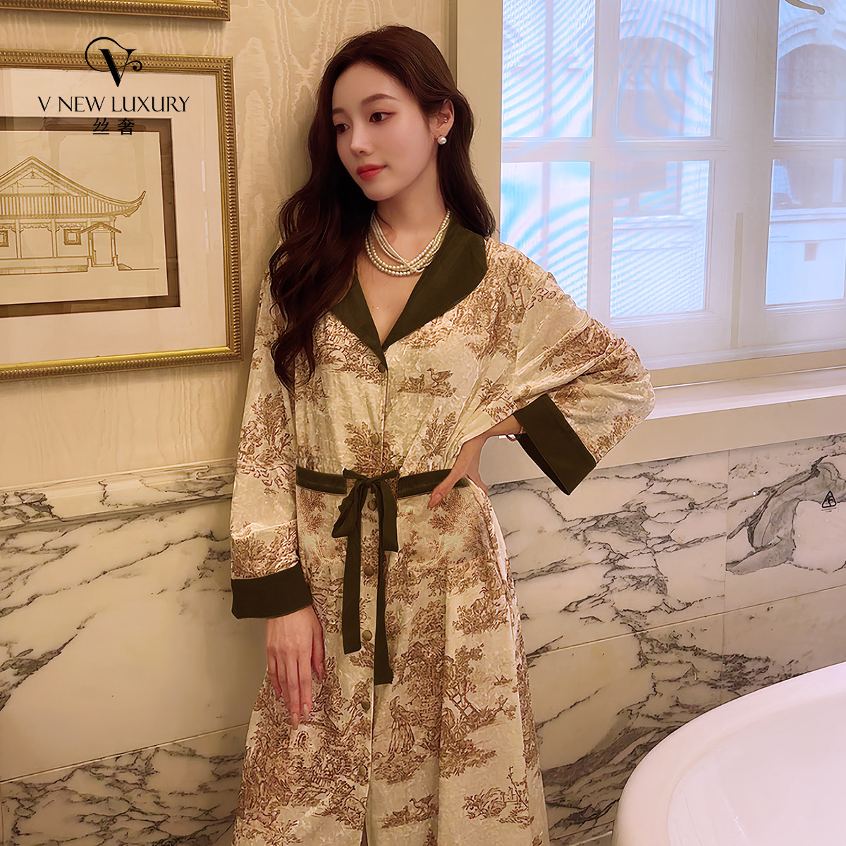 丝奢 女士秋冬季节衬衫式睡裙女中长款厚款钻石绒正品品牌睡衣