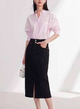 EP 春季新品两粒扣黑色时尚直筒开叉牛仔半裙EGJEDJ305A-1499