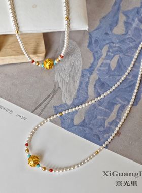 新中式天然淡水珍珠八方来财转运珠锁骨链女绿松石施家珍珠毛衣链