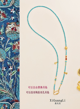 绿松石长款毛衣链蜜蜡南红串珠项链如意锁天使宝宝黄金吊坠挂绳女