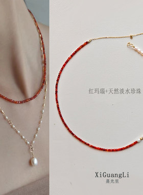 出口天然红玛瑙925银镀真金项链天然淡水珍珠锁骨链龙本命年项链