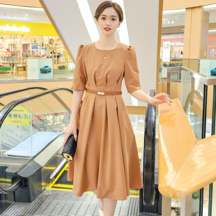 夏季新款五分袖连衣裙女文艺风修身中长款时尚百搭收腰大摆A字裙