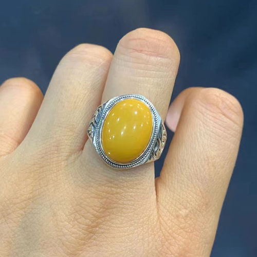 尼泊尔进口  女式开口天然蜜蜡戒指  纯银蜜蜡戒指