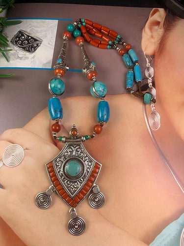 尼泊尔进口 925纯银镶嵌珊瑚绿松石项链 毛衣链手工制作 简单大方