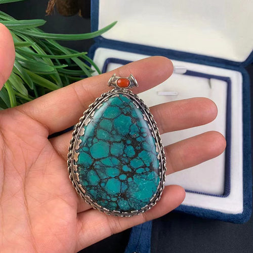 尼泊尔进口  925纯银镶嵌天然绿松石项坠 绿松石吊坠 包邮