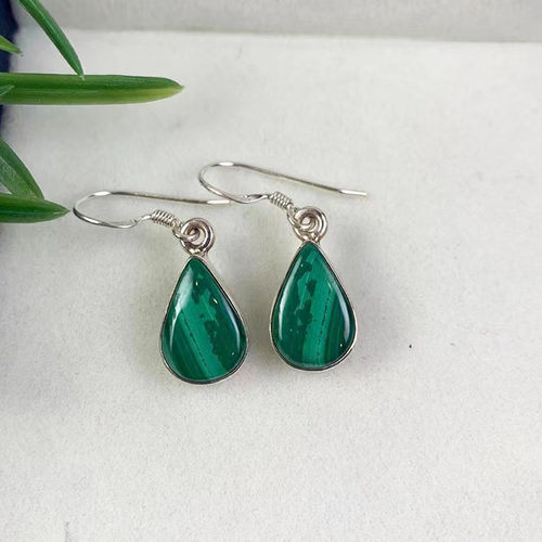 尼泊尔纯银孔雀石耳环 925银镶天然孔雀石耳坠