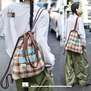 SUMAYZOY抽绳包毛绒单肩包复古学院格纹束口美式 小背包书包双肩包