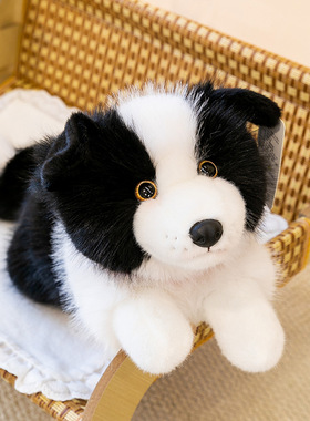 仿真会叫边牧毛绒玩具儿童安抚玩偶家居项圈趴狗摆件送闺蜜生日礼