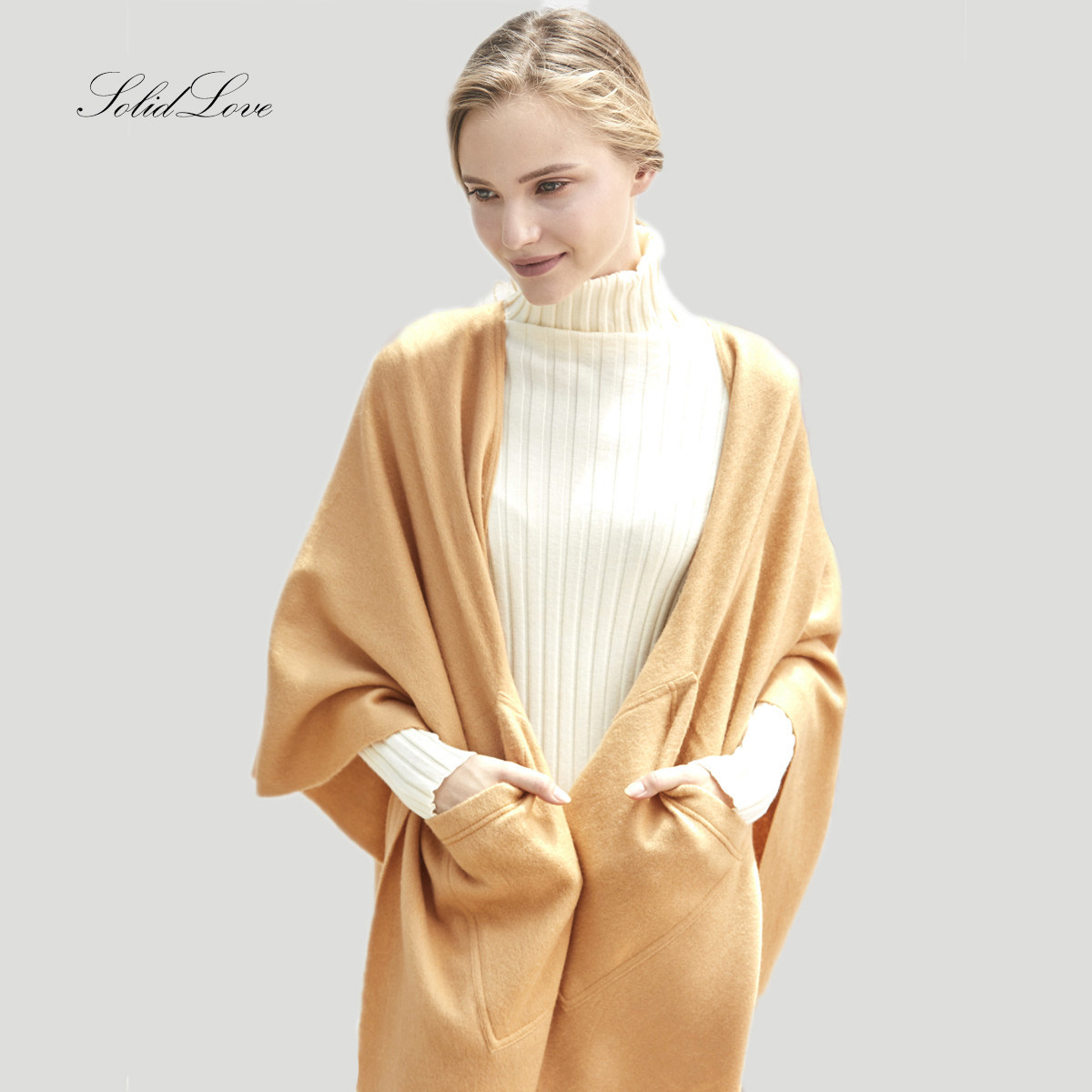 纯色加厚纯羊毛斗篷披肩两用女带兜 秋冬季超大外搭披巾时尚百搭