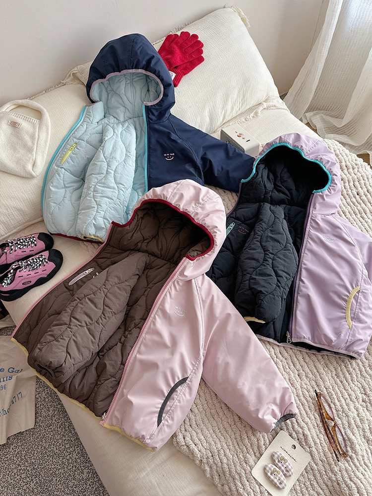 两面穿日系儿童保暖棉服连帽衫 外套秋冬款男女童上衣宝宝棉衣