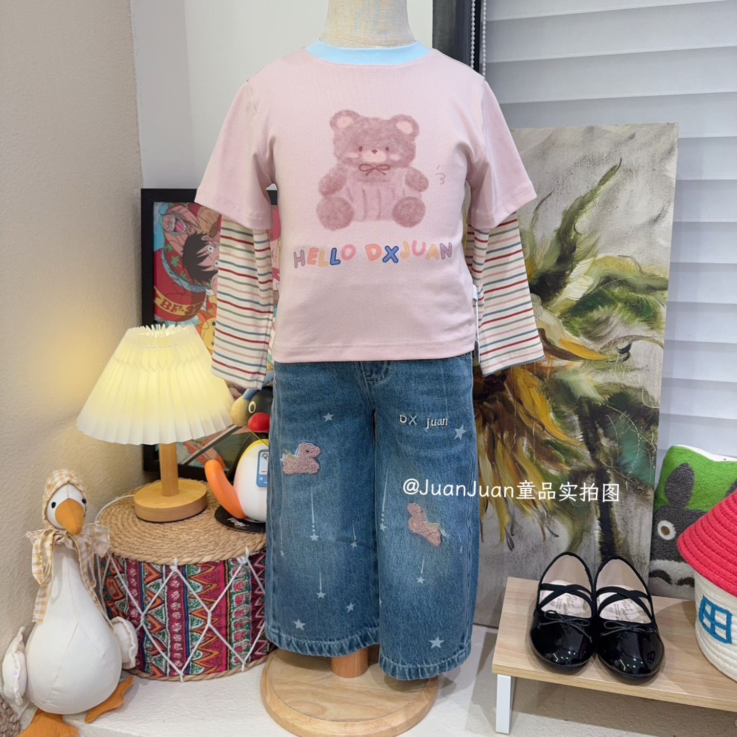 日系女童卡通拼接假两件的长袖T恤衫 春秋款女宝纯棉打儿童套装