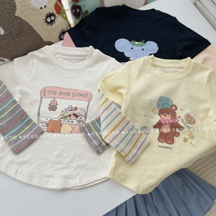 韩版可爱儿童拼接袖T恤假两件 弹力纯棉女童春款打底衫t恤衫