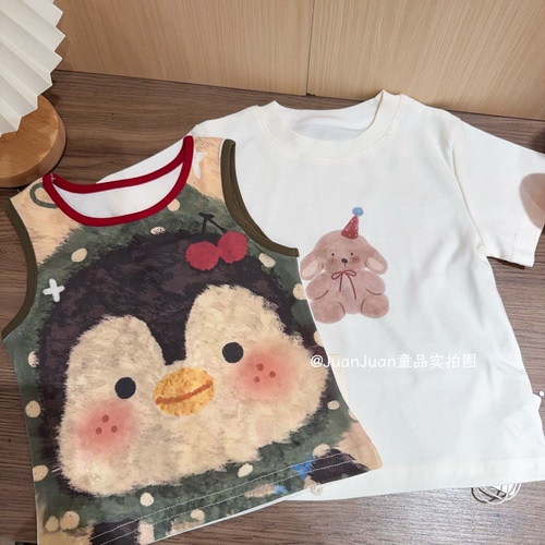 日系潮牌企鹅小熊刺绣背心儿童全棉短袖T恤衫男女童可爱打底衫夏