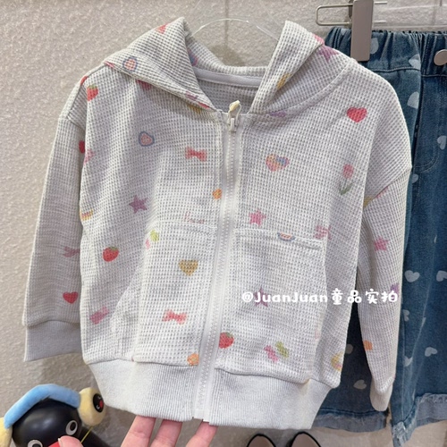 日系女童华夫格爱心连帽拉链衫