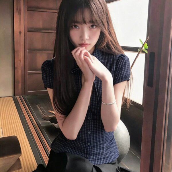 韩系复古格纹蝴蝶结短袖衬衫女收腰显瘦修身学院风上衣