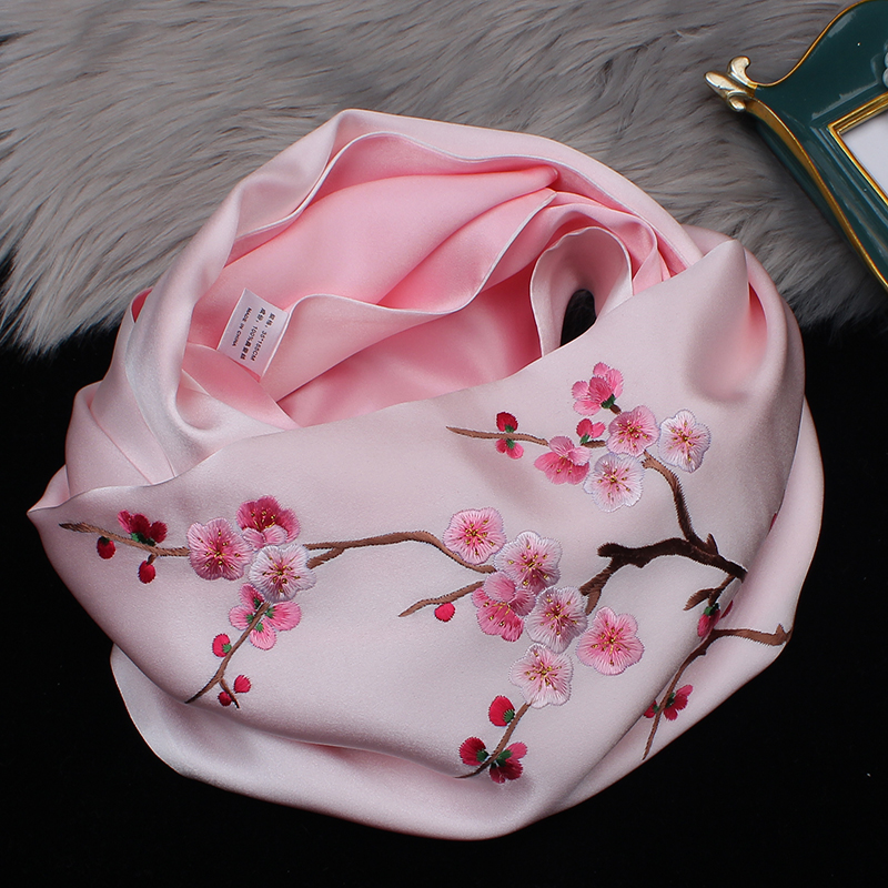 高档缎面丝绸真丝丝巾苏绣手工刺绣中国风绣花桑蚕丝披肩围巾梅花